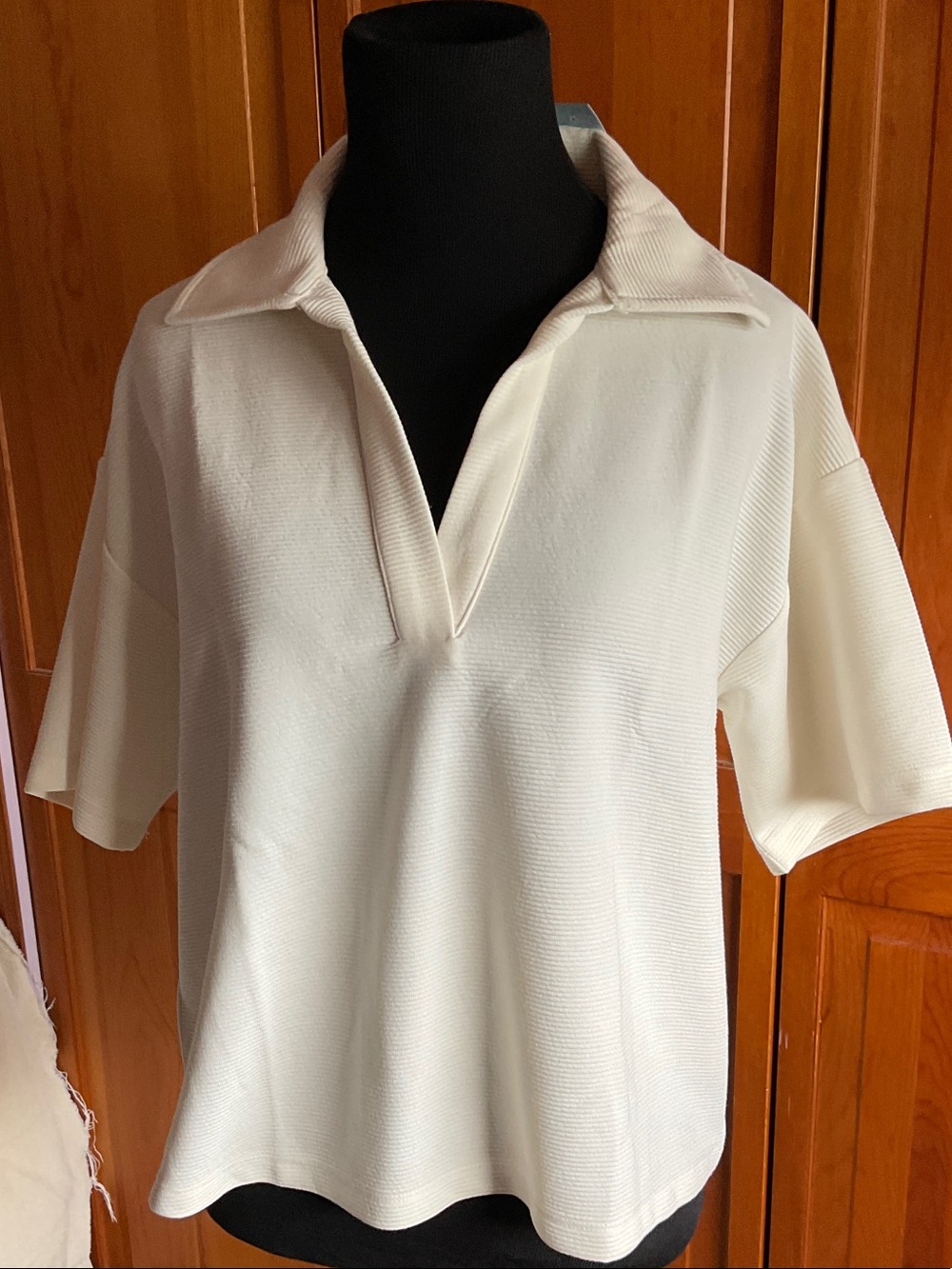 LOFT Cream Ribbed Short-Sleeve Polo